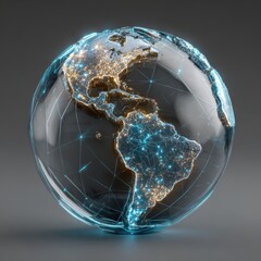 Fototapete - A striking representation of a globe depicting North and South America illuminated with bright connections, symbolizing global networks and digital communications.