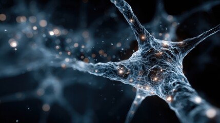 Fototapete - A close-up view of neurons illustrating their intricate structure and the dynamic connections between synapses, showcasing activity in the human brain related to thought processes.