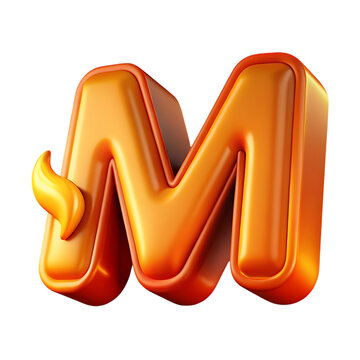 Glossy orange letter m with a flame element isolated on transparent background