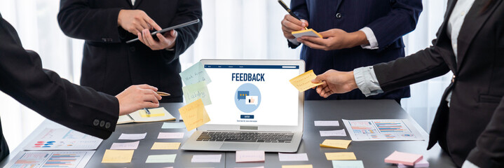Poster - Analyst team use sticky note for creative and analytic brainstorm for business idea with BI data dashboard on laptop screen. Analysis financial data visualization tech for marketing strategy. Prodigy