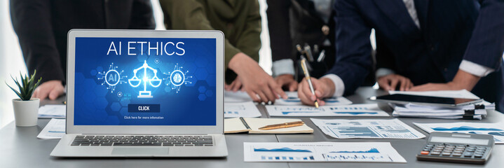 Poster - AI ethics responsibility standard law and rules on computer screen provide report of AI ethic transparency preventing technology crime. brisk