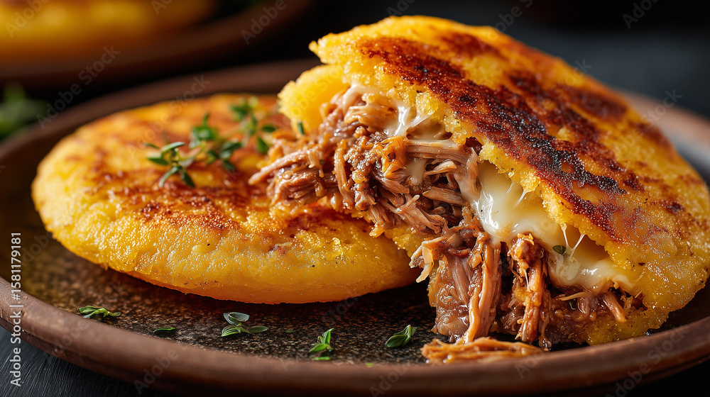 Golden crispy arepa sliced on a wooden board, made from cornmeal ...