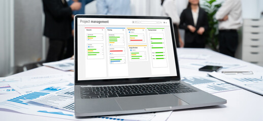 Fototapete - Project planning software for brisk business project management on the computer screen showing timeline chart of the team project