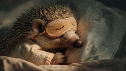 Wall Mural - A hedgehog is snuggled up sleeping on soft fabric, wearing a sleep mask over its eyes. Its spines are visible, and its paws are tucked in comfortably.