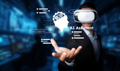 Poster - A concept image showcasing an AI assistant using virtual reality technology, highlighting the synergy between human interaction and advanced digital intelligence in a modern environment. XDMCP