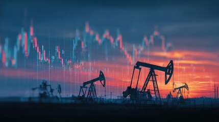 Poster - Rise in gasoline prices concept with double exposure of digital screen with financial chart graphs and oil pumps on a field, no logos, no brands