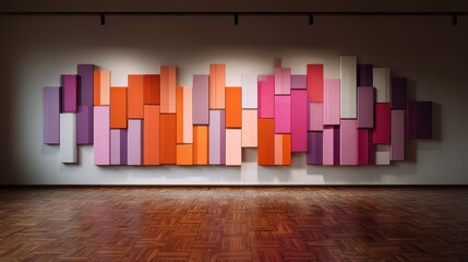 Poster - A vibrant display of tints and shades including Orange, Pink, Violet, and Magenta rectangles arranged in a line on the wall, creating a stunning piece of art reminiscent of a flooring pattern