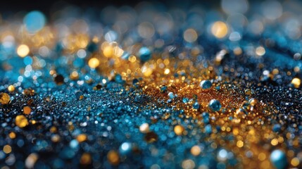 Poster - A close up of a blue and gold glittery surface. The blue and gold colors are scattered throughout the image, creating a sense of depth and movement
