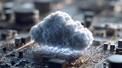 Fototapete - Cloud Computing Concept: Abstract close-up of a digital cloud icon hovering over a complex circuit board, symbolizing the power and connectivity of cloud computing technology.