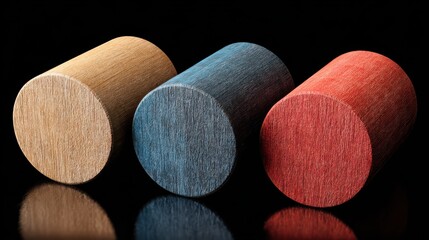 Poster - Three wooden cylinder blocks of different colors isolated on a black background