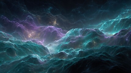 Poster - Expanding fractal waves glowing with neon hues in interstellar space