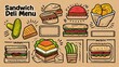 © Rita - Fun sandwich deli menu layout featuring hand-drawn burgers, hot dogs, fries, and drinks on a craft paper-style background. Retro and playful. Generative AI.