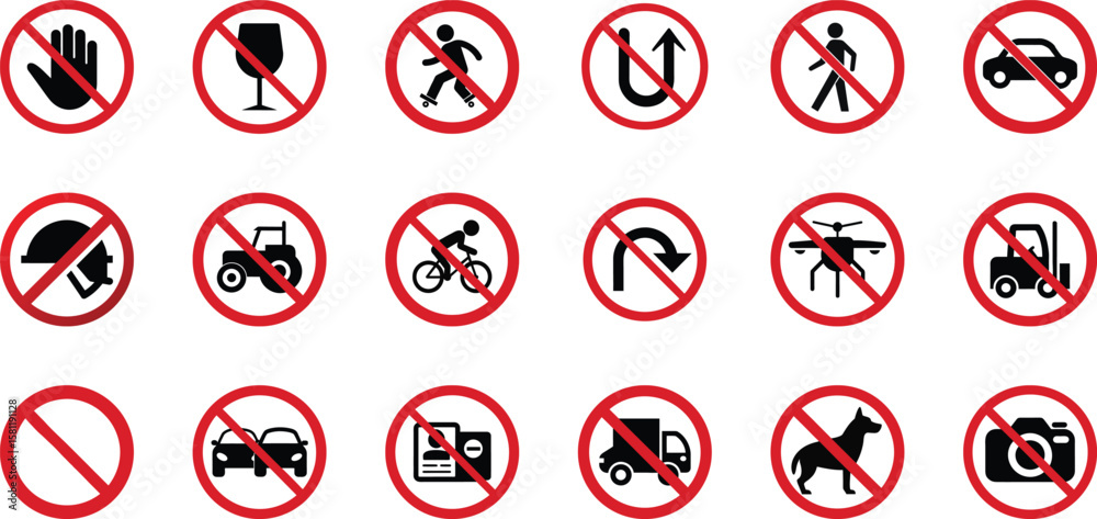 Red circle prohibited icons set, safety warning signs with line for no ...