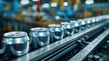 Poster - Aluminum cans are moving along a conveyor belt in a bustling manufacturing facility. The environment is filled with machinery and workers focused on efficient production.
