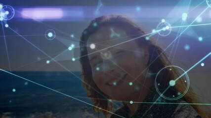 Poster - Woman standing on beach overlay appearing intensifying into pulsing nodes linking to technology web