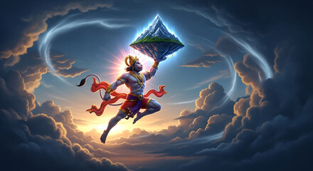 A divine being, Hanuman, soars through the sky, holding a mountain.