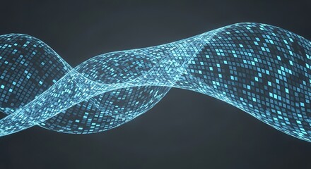 Poster - abstract glowing blue digital grid forming a wavy futuristic light stream on a dark background