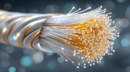 Poster - Highly detailed close-up of a fiber optic cable features numerous fine strands surrounded by a twisted metallic exterior. The background sparkles with soft, out-of-focus lights.