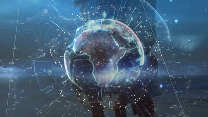 Poster - Globe materializing before woman by water, illustrating data network rotating towards Asia-Pacific