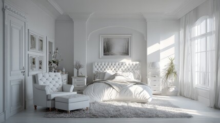 Poster - White bedroom interior with thoughtfully arranged furniture. AI Generated.