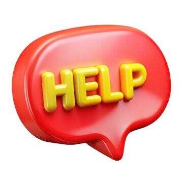 3d red speech bubble with yellow help text isolated on white background