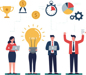 Poster - Business team brainstorming ideas with light bulb, money, stopwatch, and pie chart concept for productivity and success
