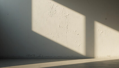 Poster - Strong sunlight streams into an empty room, creating bold geometric shadows against a smooth, textured wall. The atmosphere is calm and minimalistic, invoking a sense of tranquility