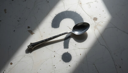 Poster - A shiny spoon rests on a textured surface marked with a question mark, illuminated by light streaming in, creating a playful contrast between shadow and brightness