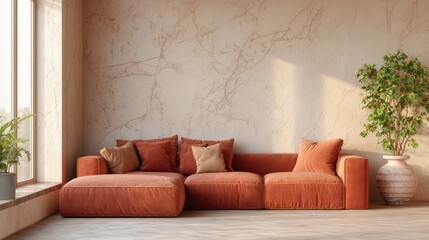 Poster - Terra cotta corner sofa in room with beige stucco walls. Minimalist interior design of modern living room.