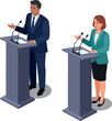 © DesignVectX - Two people debating at podiums in formal clothing presenting arguments in a professional setting vector illustration