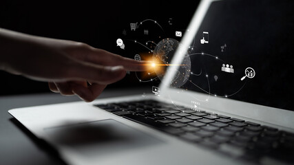 Poster - Visualization of global digital communication and online across multiple platforms, including global network, digital network, communication network, and online network. Latch