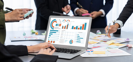 Poster - Analyst team use sticky note for creative and analytic brainstorm for business idea with BI data dashboard on laptop screen. Analysis financial data visualization tech for marketing strategy. Prodigy