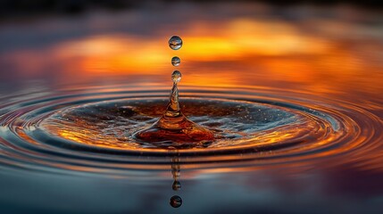 Poster - A water droplet falls into a calm surface, creating ripples as vibrant colors from the sunset reflect in the water. The scene captures tranquility and beauty in nature.