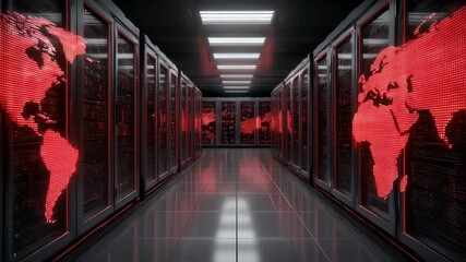 Poster - Modern data center with rows of servers featuring a striking world map overlay displaying bright red lines representing cyber threats. Ideal for concepts around information warfare