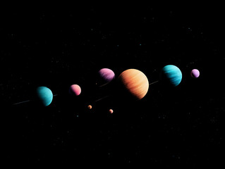 colorful planets with rings orbiting in a star filled dark galaxy