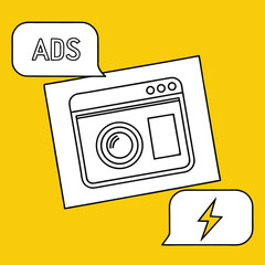Fototapete - Black and white vector illustration of a camera interface with speech bubbles containing the word A D S and a lightning bolt on a yellow background