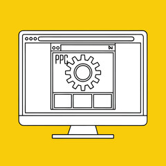 Poster - Black and white vector illustration of a computer monitor displaying a P C interface with a gear icon on a yellow background