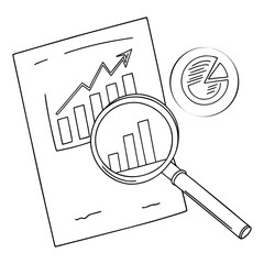 Leinwandbilder - Black and white vector illustration of a magnifying glass analyzing a bar graph on paper with a pie chart