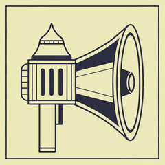 Aufkleber - Black and white vector illustration of a megaphone with architectural details on a light yellow background within a black border