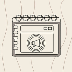 Fototapete - Black and white vector illustration of a notebook with a megaphone icon on a beige wood grain background