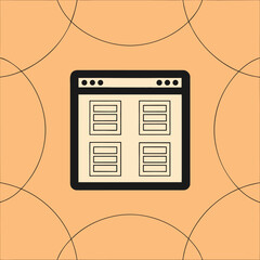 Poster - Black and white vector illustration of a web browser window with four content blocks on a peach background with circular lines