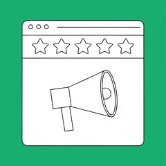 Fototapete - Black and white vector illustration of a website with stars and a megaphone on a green background graphic