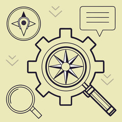 Leinwandbilder - Black and white vector illustration of gear compass magnifying glass speech bubble and navigation icons on a light yellow background