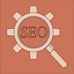 Fototapete - Black outline S E O magnifying glass over gear graphic on terracotta background search engine