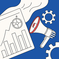 Leinwandbilder - Vector illustration of a chart megaphone and gears on a blue background graphic graph