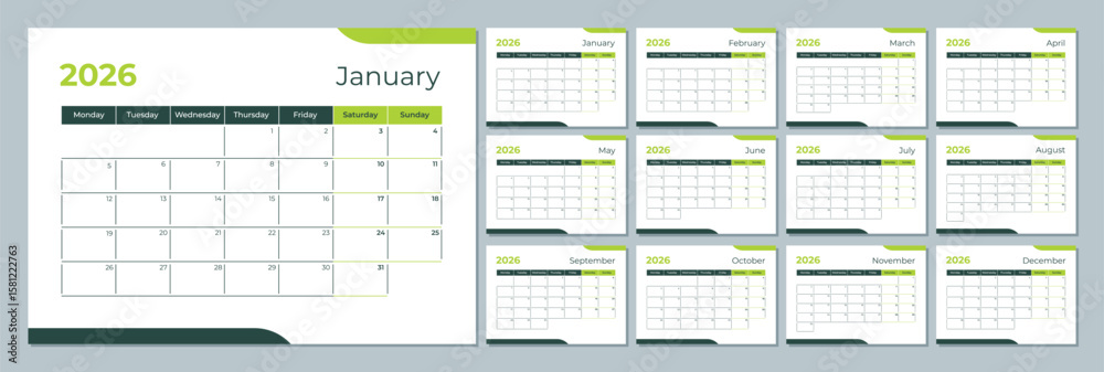 2026 calendar template. Corporate and business planner diary. The week ...