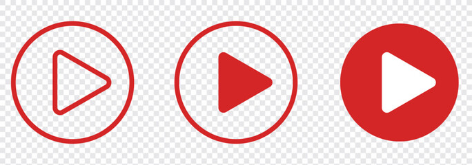 Poster - Play button icon set. Start audio or video action symbol. Video player concept . Red Play button Icon. Elements for video player. Pause, click or record button. Video player icon in red color. Eps 10