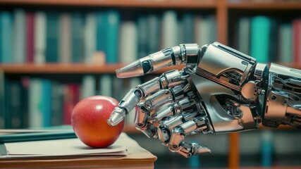 Poster - Robot hand reaching for a red apple on stacked books in a library