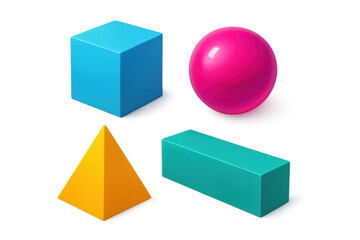 Poster - Colorful 3d geometric shapes—cube, sphere, pyramid, prism—floating against transparent surface, highlighting sharp angles and saturated colors