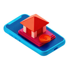 Poster - 3d isometric illustration of a house and coin on a smartphone isolated on transparent background